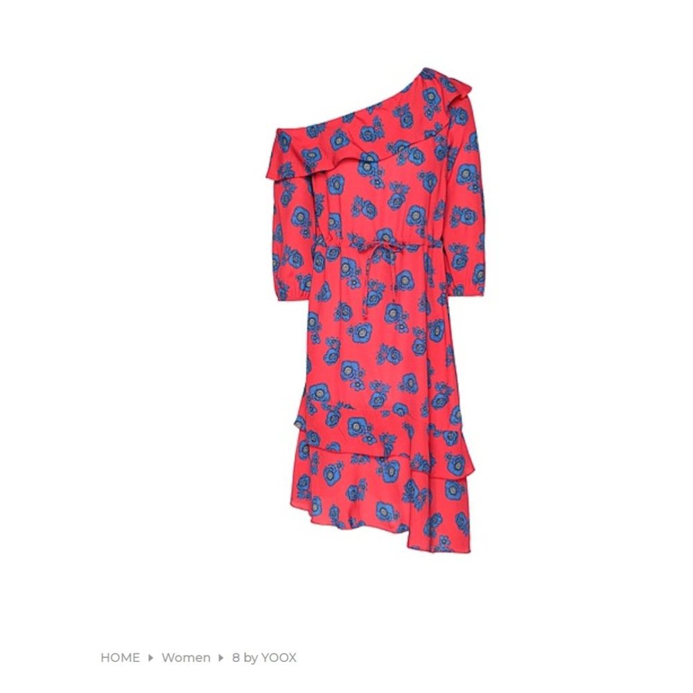 NEW 8 by YOOX S Asymmetric Off-Shoulder Ruffle Knee Dress Red Blue Floral BOHO